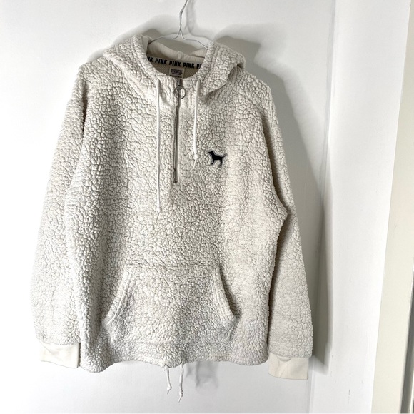 PINK Victoria's Secret Tops - PINK Victoria’s Secret White Sherpa Logo Hoodie